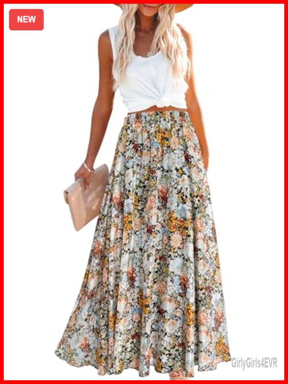 Women's Floral Maxi Chiffon Long Skirt with Elastic Waist - A-Line Beach Cover